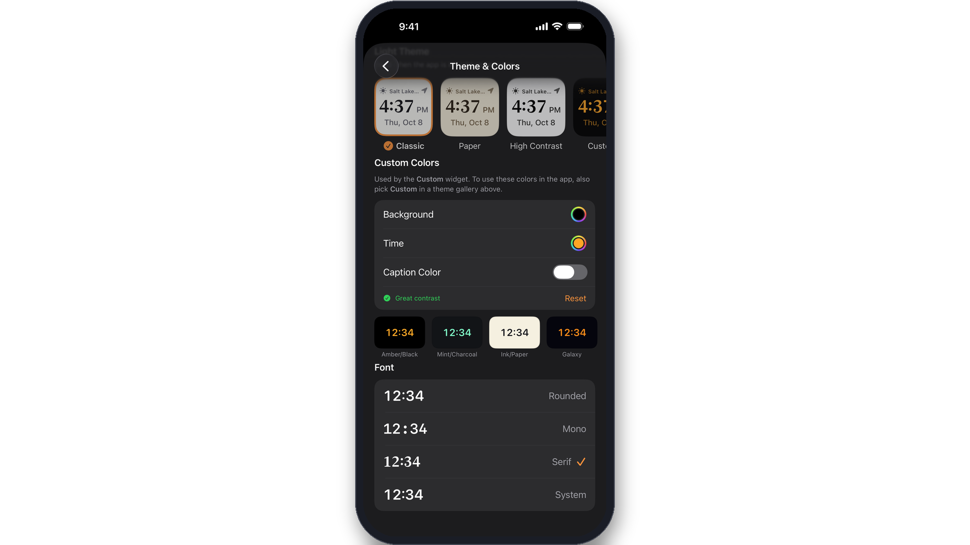 Custom Colors editor with three swatches and a WCAG contrast badge