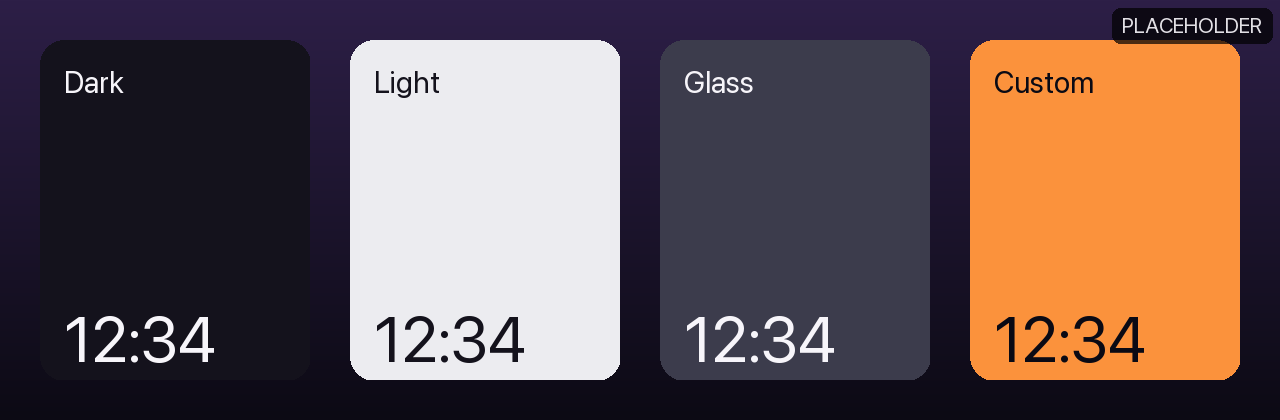 Row of four widget styles — Dark, Light, Glass, Custom (placeholder)